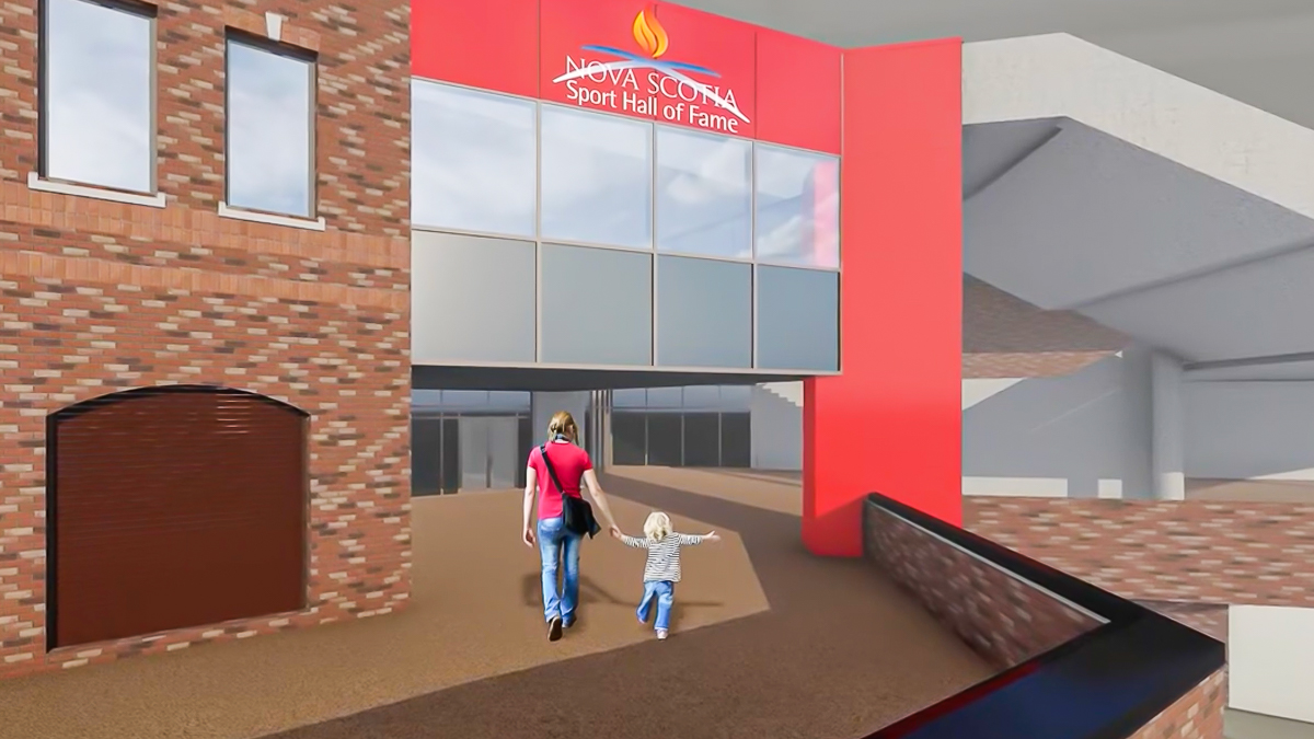 A virtual image of the outside of a red brick building. The sign on the from says "Nova Scotia Sport Hall of Fame" and a mother and child are walking in towards the doors that are under glass windows.